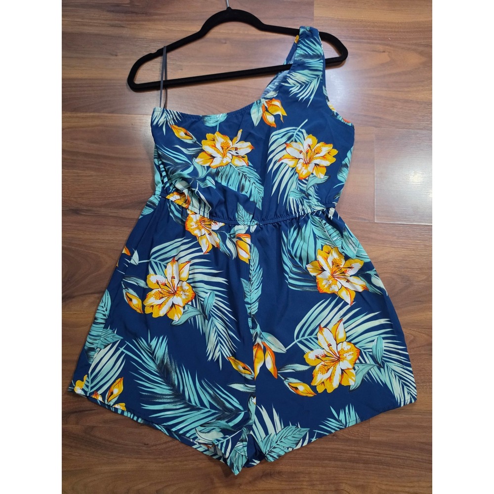 NWT SHEIN Romper Medium Blue Tropical Floral One Shoulder VCAY Summer Jumpsuit